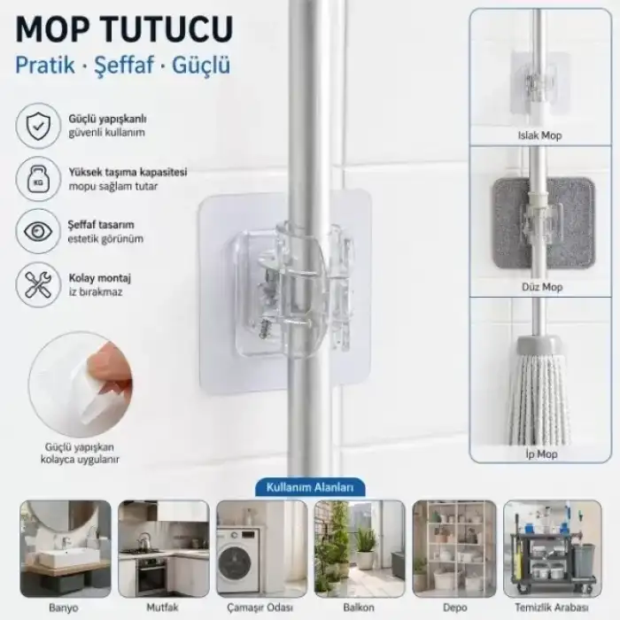 AsilTech Çok Amaçlı Kıskaçlı Yapışkanlı Kablo ve Mop Tutucu