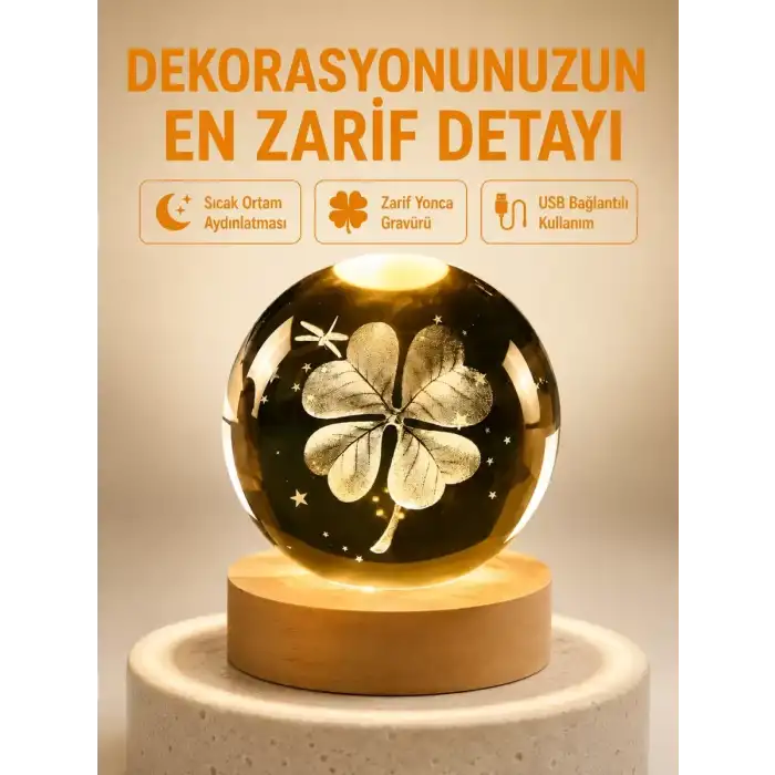 AsilTech Dekoratif Yonca Görünümlü Işıklı Kristal Cam Küre USB Masa Gece Lambası