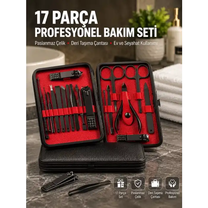 AsilTech Deri Çantalı Siyah Paslanmaz Çelik 17 Parça Manikür Pedikür Seti