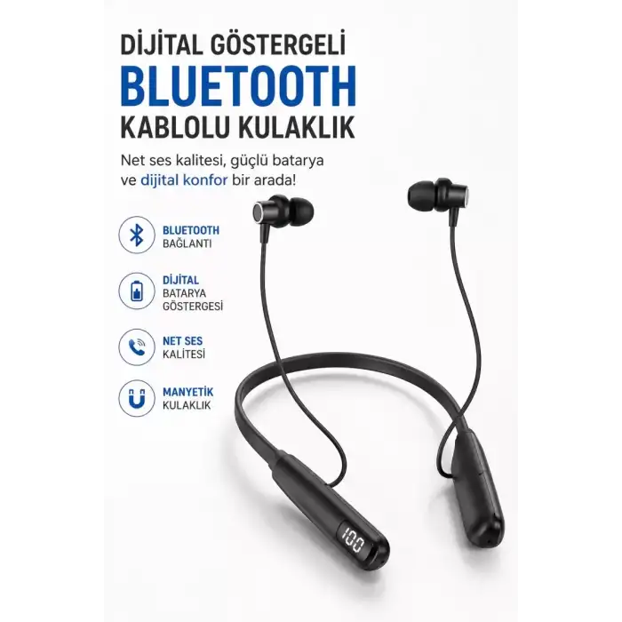 AsilTech Dijital Batarya Göstergeli Bluetooth Özellikli Boyun Askılı Kulaklık