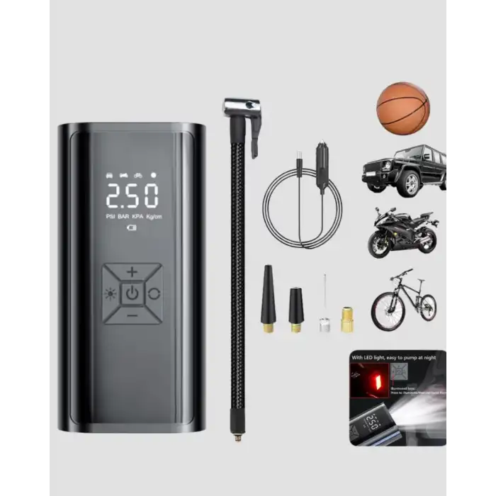 AsilTech Dijital Ekranlı Kablosuz Hava Pompası LED Işıklı 12V 80W