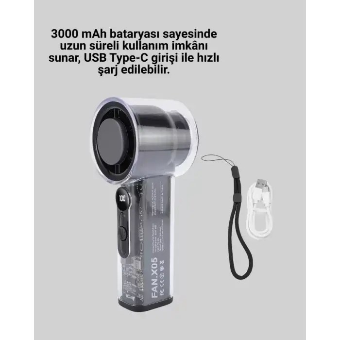 AsilTech Dijital Ekranlı Şarjlı Mini Fan 100 Kademeli Hız Ayarı