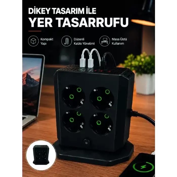 AsilTech Dikey Priz Kulesi 8 AC Priz 4 USB 2 Type-C Çocuk Korumalı Güç Dağıtıcı