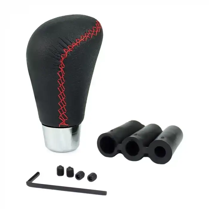 AsilTech Dikişli Deri Vites Topuzu Oval Siyah Kırmızı