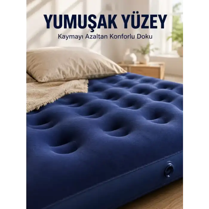 AsilTech Dış Mekan Şişme Yatak Çift Kişilik Flokeli Yüzey Konforlu Kullanım