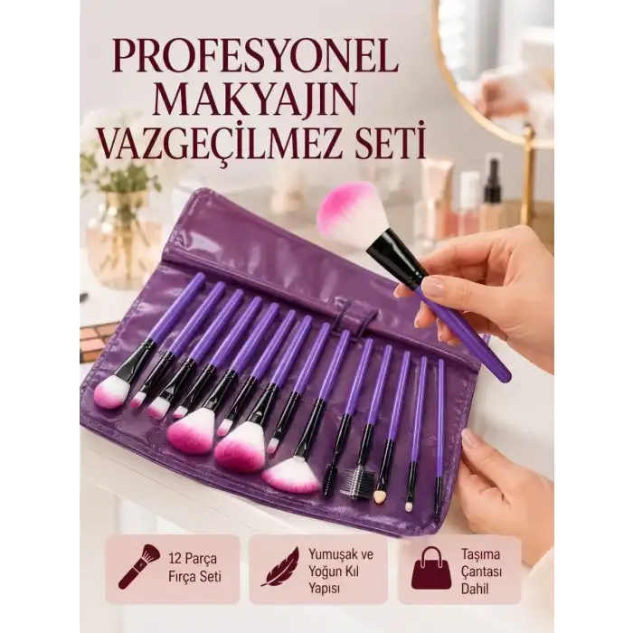 AsilTech Doğal Görünüm Sağlayan Yumuşak Kıllı 12 Parça Makyaj Fırça Seti Günlük ve Profesyonel Kullanıma Uygun