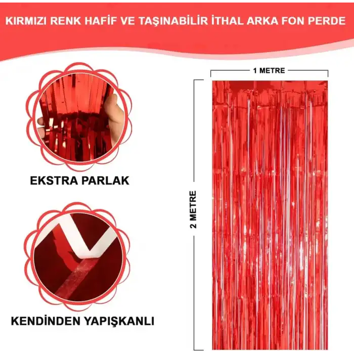 AsilTech Ekstra Metalize Parlak Saçaklı Arka Fon Perde Kırmızı