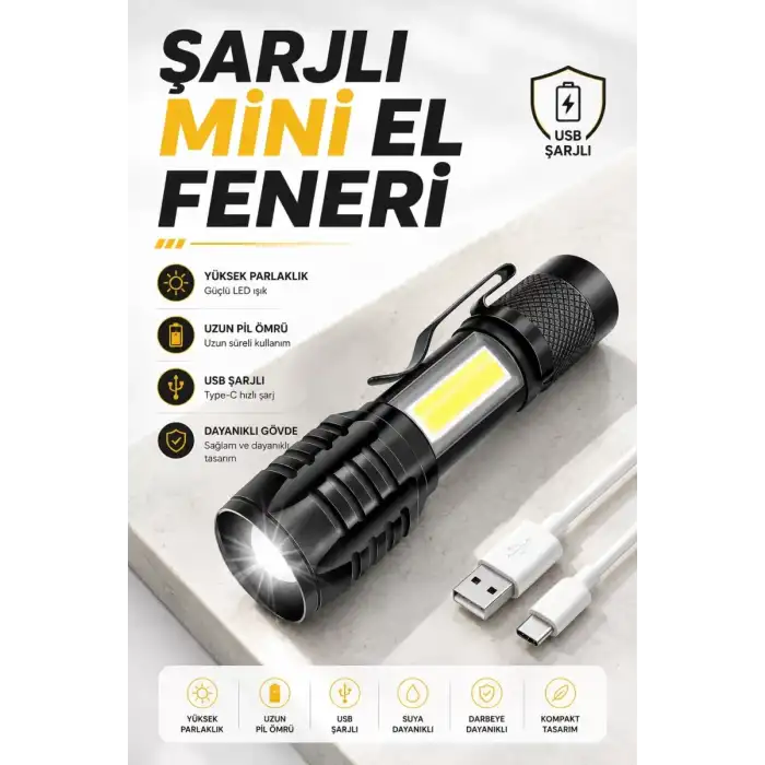 AsilTech El Feneri Led USB Şarjlı Zoom Mini Led Işık Acil Durum Feneri