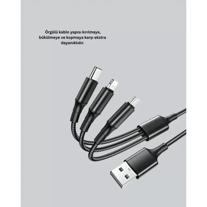 AsilTech Evrensel 3 Başlıklı Şarj Kablosu – iPhone Huawei Samsung İçin