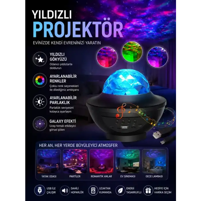 AsilTech Galaxy Efektli LED Gece Lambası Projektörü Bluetooth Bağlantılı
