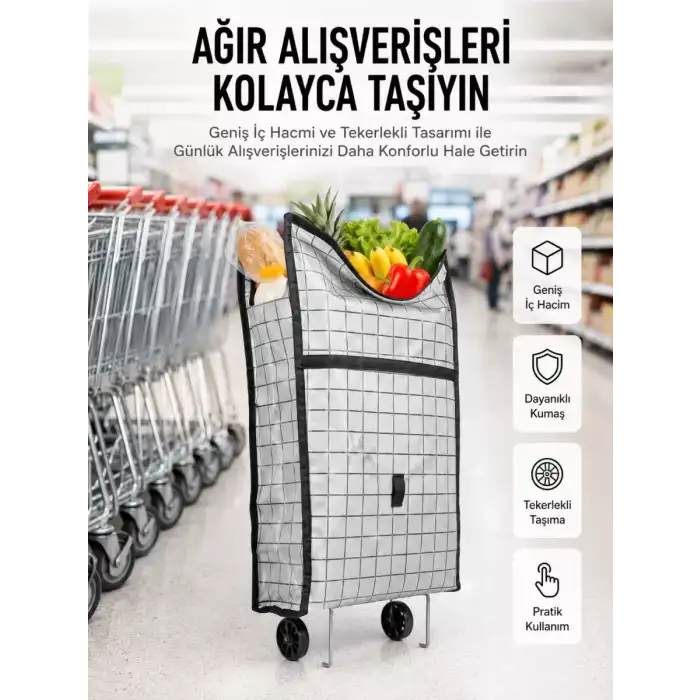AsilTech Geniş Hacimli Tekerlekli Pazar Çantası Dayanıklı ve Ergonomik