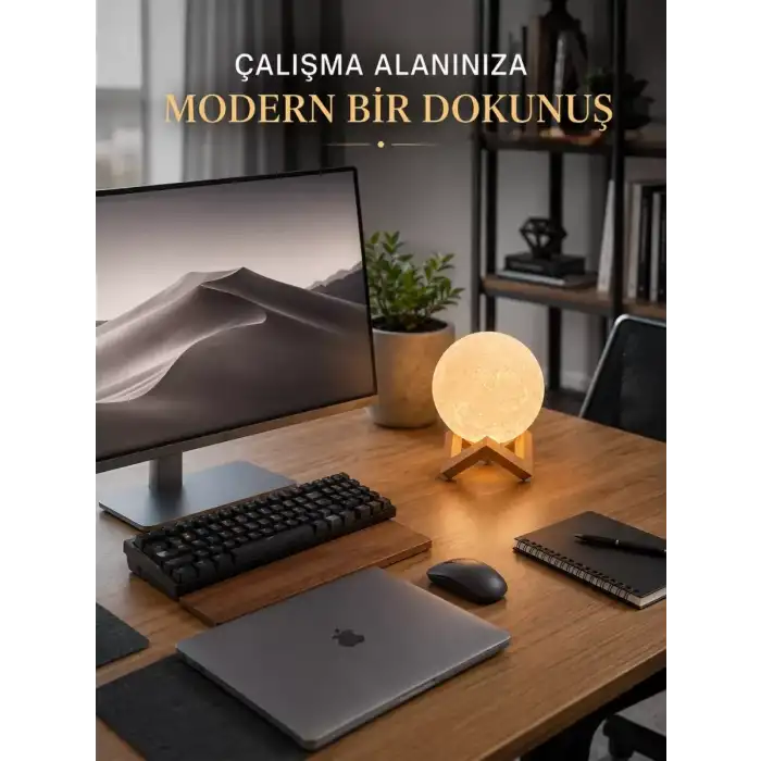 AsilTech Gerçekçi Ay Dokulu Dekoratif Gece Lambası USB Şarjlı Ay Işığı