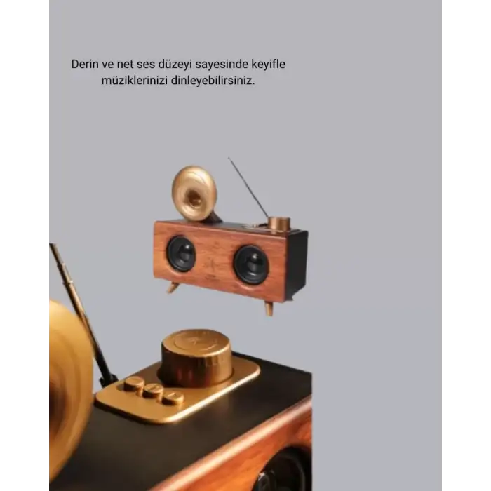 AsilTech Gramafon Tasarımlı Bluetooth Hoparlör 3D Ses Teknolojili Çok Fonksiyonlu