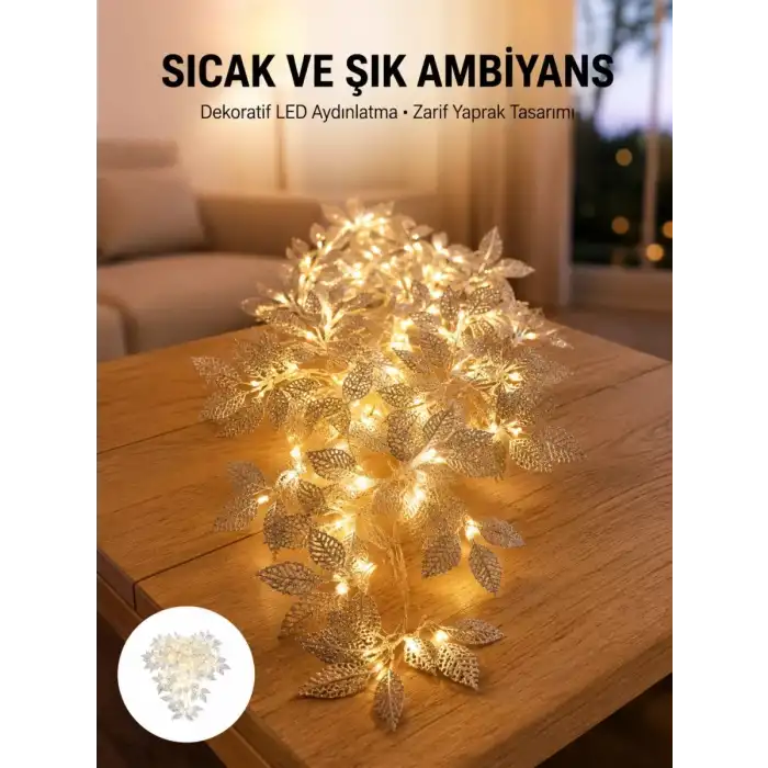 AsilTech Gümüş Yaprak Tasarımlı LED Işık Pilli Ev ve Vitrin Dekoru