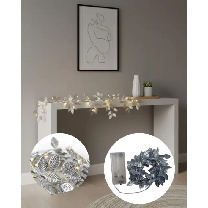 AsilTech Gümüş Yaprak Tasarımlı LED Işık Pilli Ev ve Vitrin Dekoru