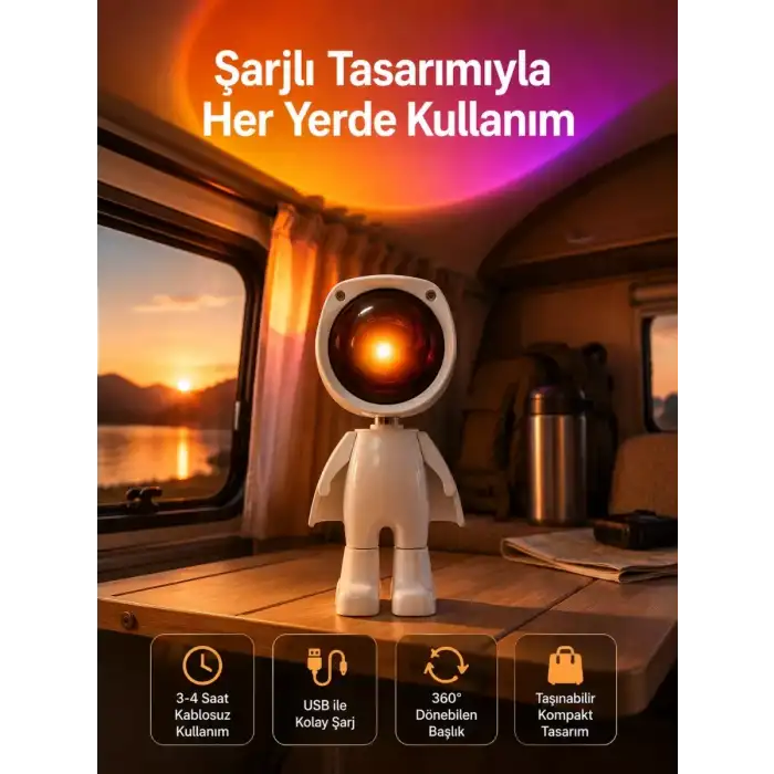AsilTech Gün Batımı Projektör Lamba Astronot Görünümlü Dekoratif Masa Lambası