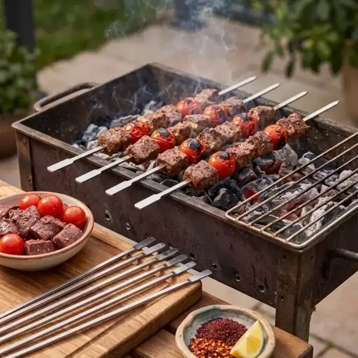 AsilTech İnce Kare Kesim Metal Ciğer ve Domates Şişi - 50 cm