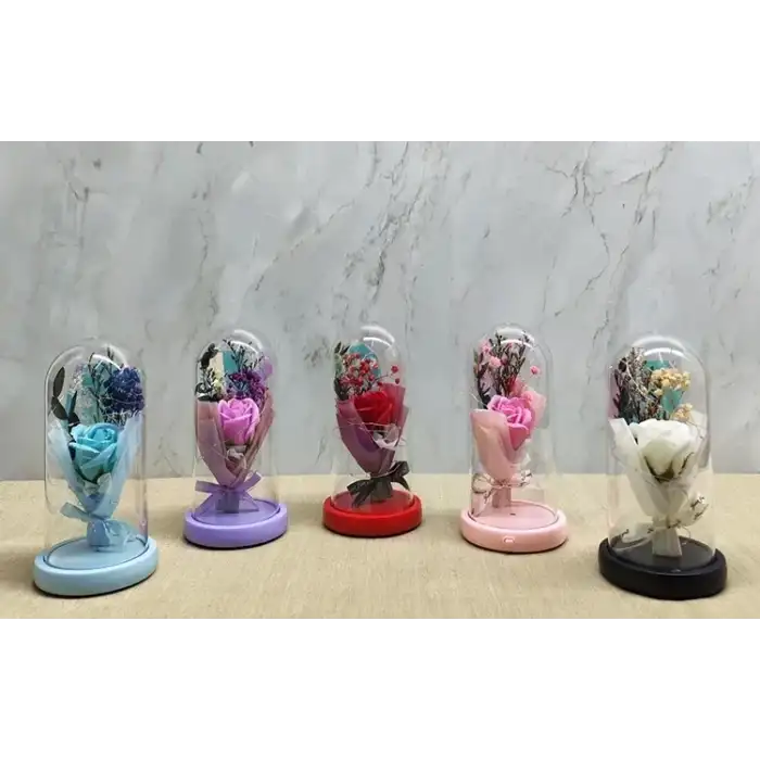 AsilTech Işıklı Müzikli Cam Fanus İçinde Lavantalı Romantik Gül