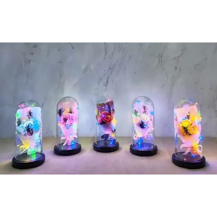 AsilTech Işıklı Müzikli Fanus içinde Gül Buketi