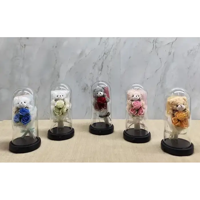 AsilTech Işıklı Müzikli Fanus içinde Sevimli Ayıcıklı Gül Buketi