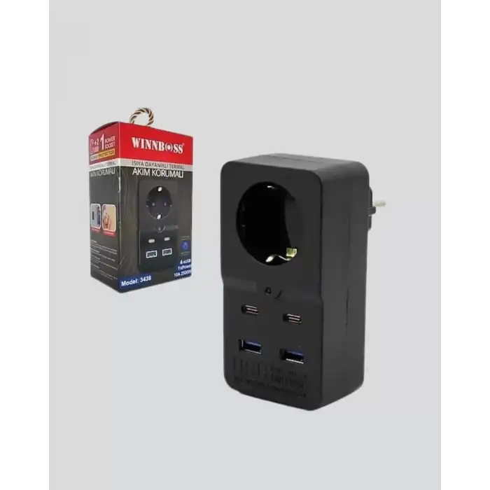 AsilTech Isıya Dayanıklı PC Gövdeli Akım Korumalı Priz 4 USB Yeni Nesil