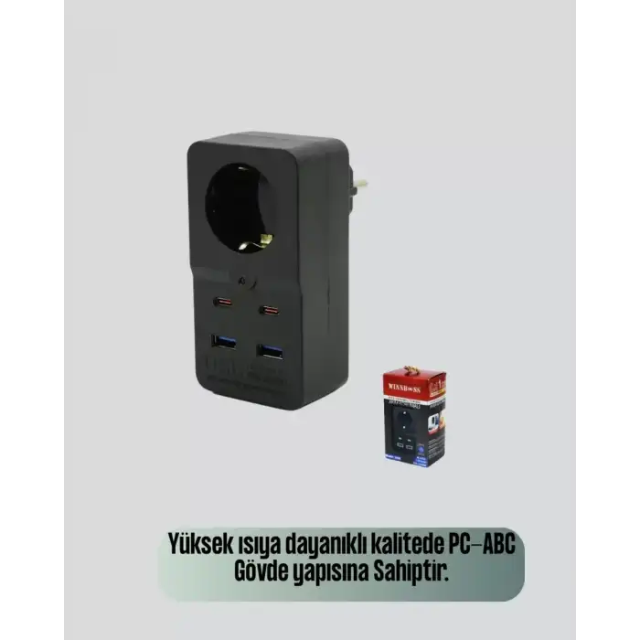 AsilTech Isıya Dayanıklı PC Gövdeli Akım Korumalı Priz 4 USB Yeni Nesil