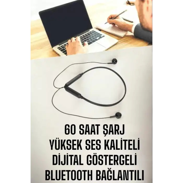 AsilTech Kablolu Boyun Askılı Dijital Göstergeli Bluetooth Kulaklığı 60 Saat