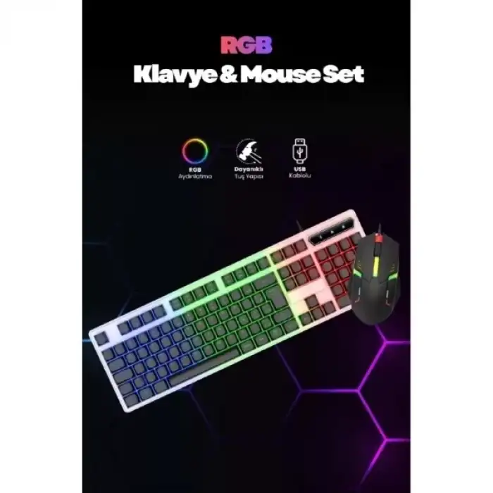 AsilTech Kablolu Işıklı Gaming Standart Türkçe Q Klavye Ve Mouse Seti