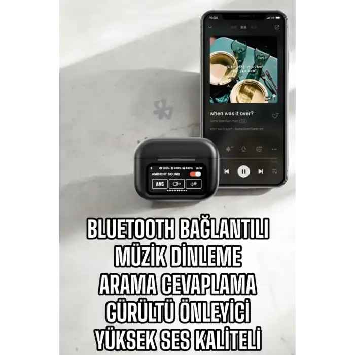 AsilTech Kablosuz Bluetooth Kulaklık Ekranlı Uzun Şarj Süreli ANC Destekli