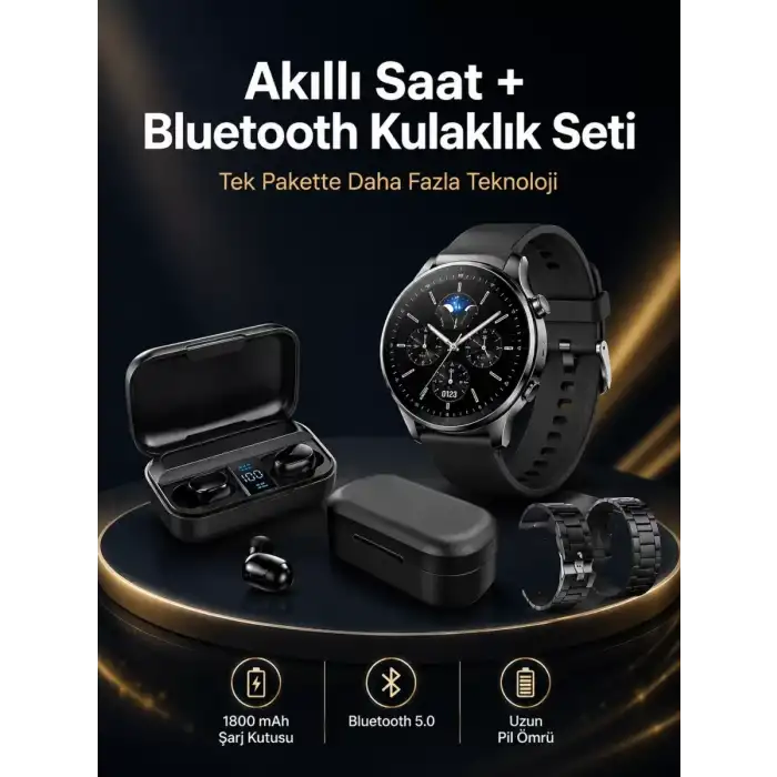 AsilTech Kablosuz Bluetooth Kulaklık ve Kordon Hediyeli Akıllı Saat Nabız Ölçer Uzun Pil Ömrü