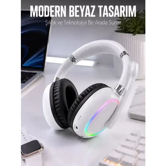 AsilTech Kablosuz Bluetooth Mikrofonlu Beyaz Kulaklık  RGB Işıklı
