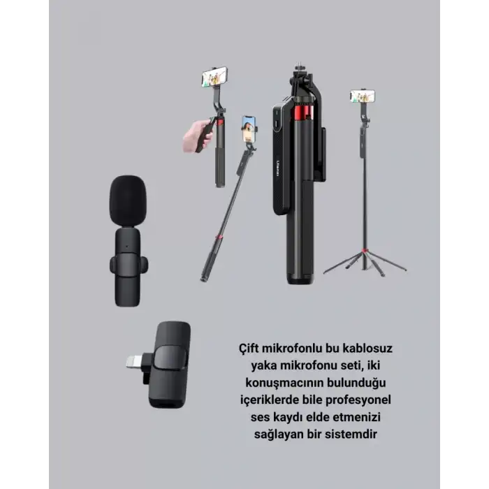 AsilTech Kablosuz Çift Yaka Mikrofonu ve Tripodlu Selfie Çubuğu İçerik Üretici Seti