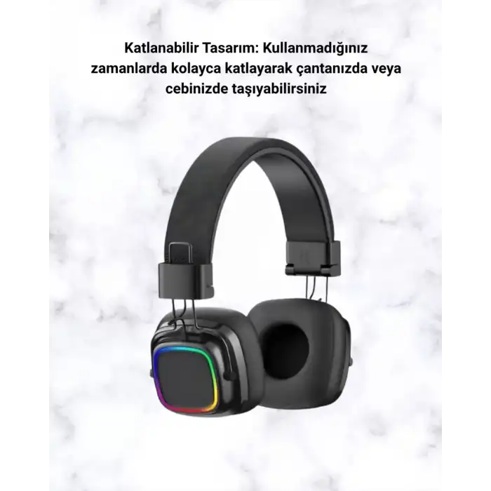 AsilTech Kablosuz RGB Işıklı Katlanabilir Bluetooth Kulak Üstü Kulaklık