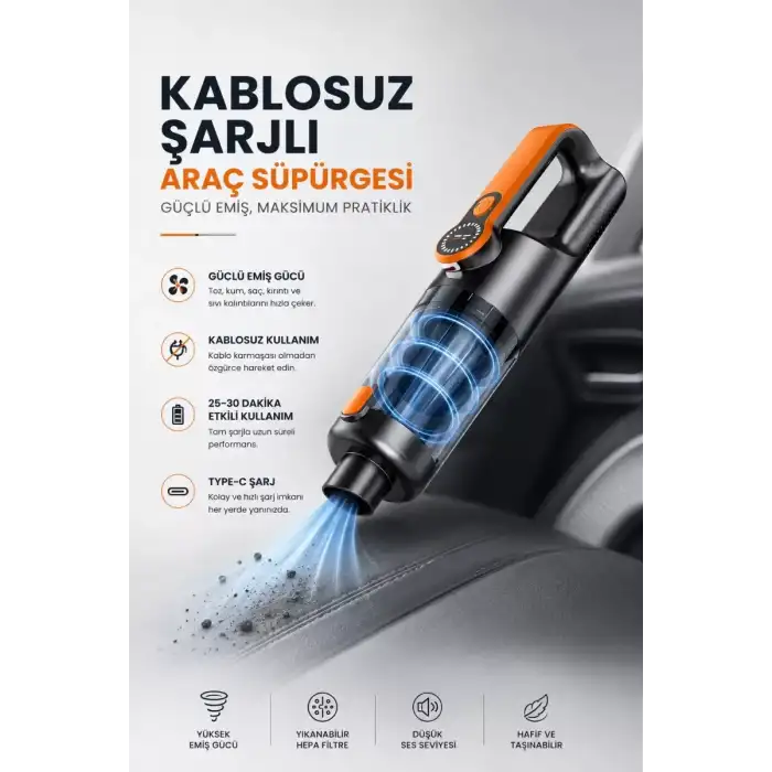 AsilTech Kablosuz Şarjlı Araç ve Ev Tipi El Süpürgesi