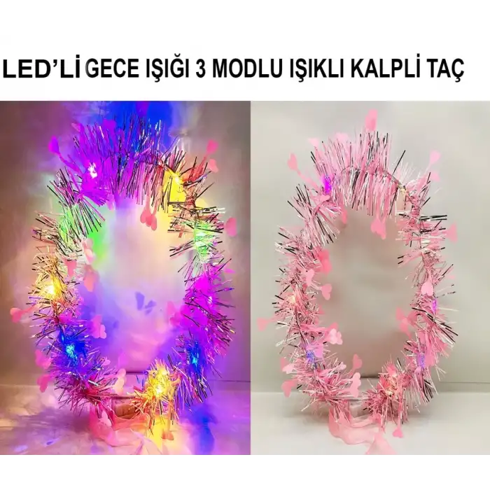 AsilTech Kalp Püsküllü 3 Modlu LED Işıklı Taç Pembe Renk