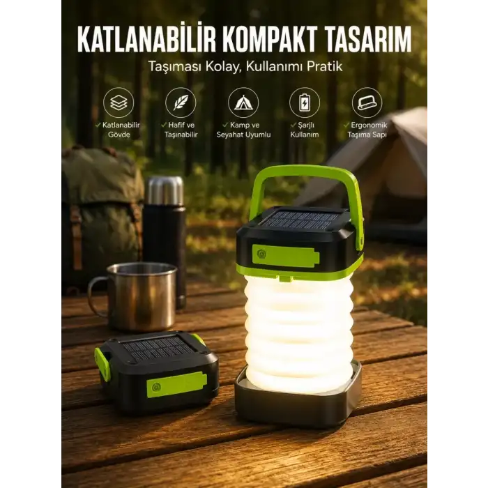 AsilTech Katlanabilir Kamp Lambası Solar Fener Görünümlü 3 Kademeli Şarjlı