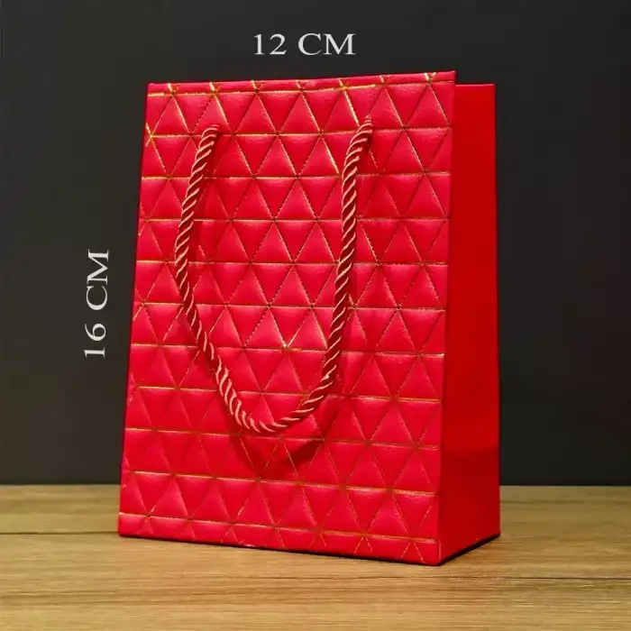 AsilTech Kırmızı Geometrik Desenli Mini Boy Karton Hediye Çantası
