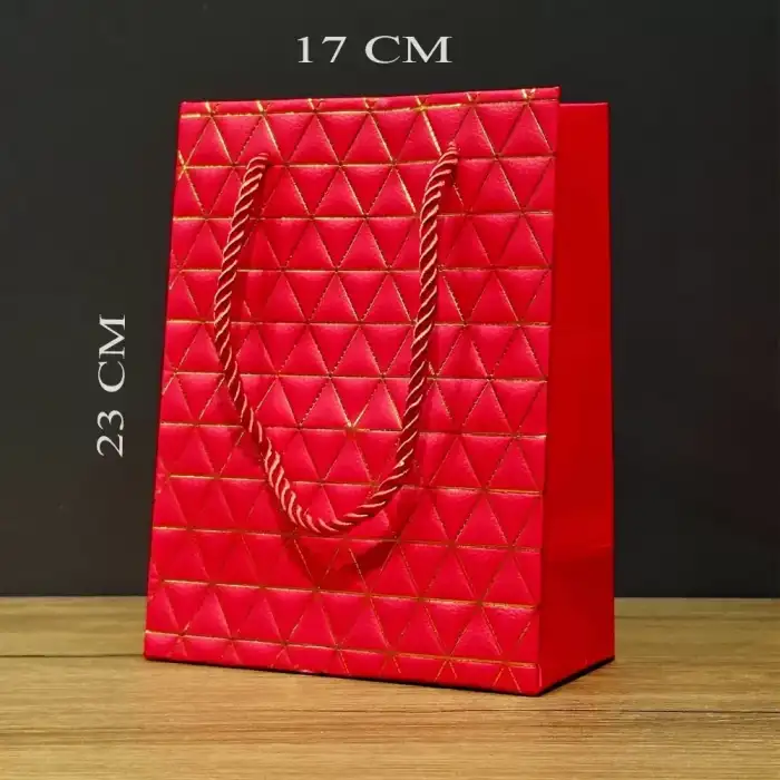 AsilTech Kırmızı Geometrik Desenli Orta Boy Karton Hediye Çantası