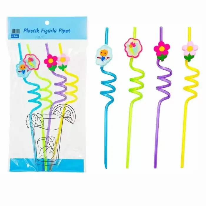AsilTech Kıvrımlı Renkli Plastik Pipet - Figürlü Tasarım - 4lü Paket