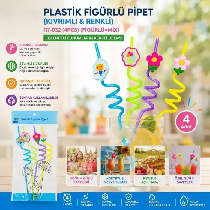 AsilTech Kıvrımlı Renkli Plastik Pipet - Figürlü Tasarım - 4lü Paket