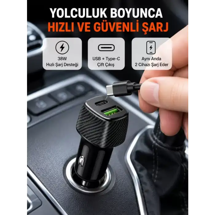AsilTech Kompakt Tasarımlı Type-C + USB Girişli Araç Şarj Başlığı