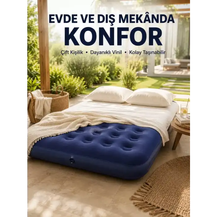 AsilTech Konforlu Çift Kişilik Şişme Yatak Flokeli Yüzey Dayanıklı Gövde