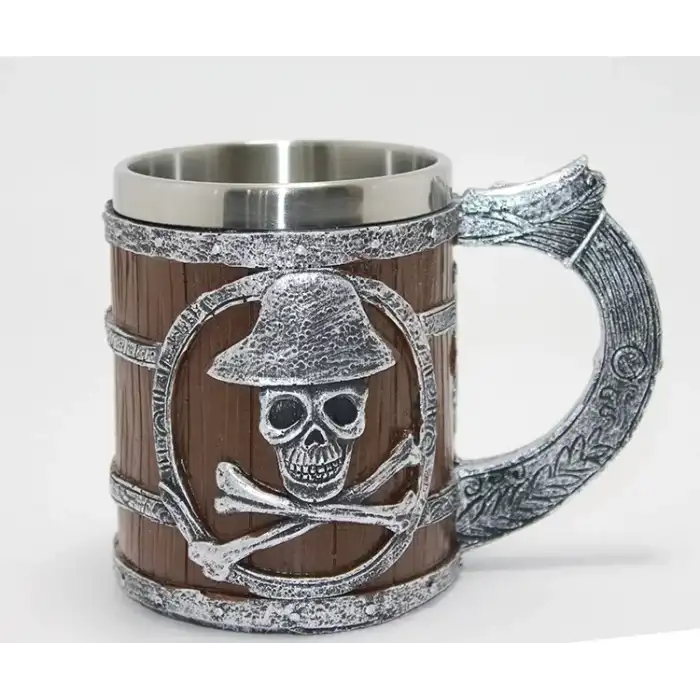 AsilTech Korsan Temalı Ahşap Görünümlü 3D Kabartmalı Çelik Kupa Bardak