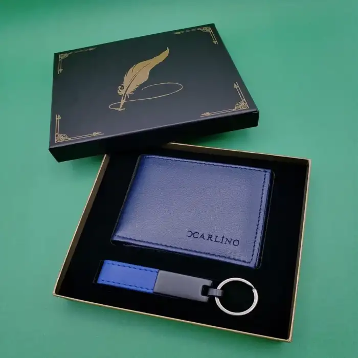 AsilTech Kutulu Mavi Deri Cüzdan Ve Anahtarlık Seti
