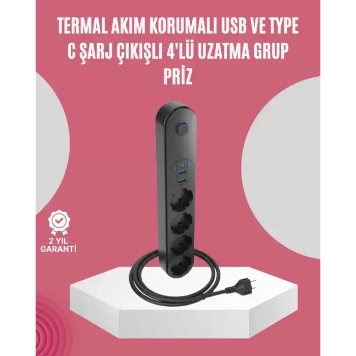 AsilTech Led Anahtarlı Akım Korumalı Çoklu Priz 4 Priz 3 USB Girişli