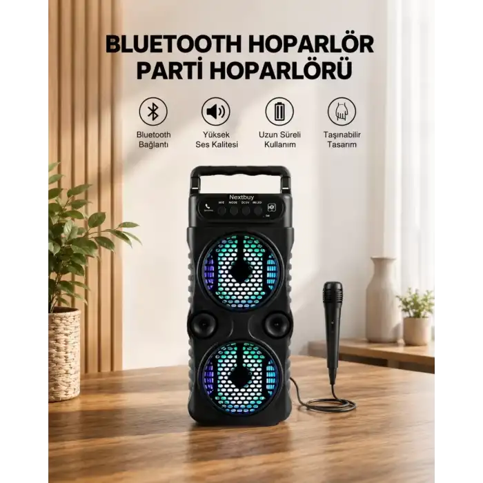AsilTech LED Işıklı Bluetoothlu Hoparlör Mikrofonlu Taşınabilir Ses Sistemi