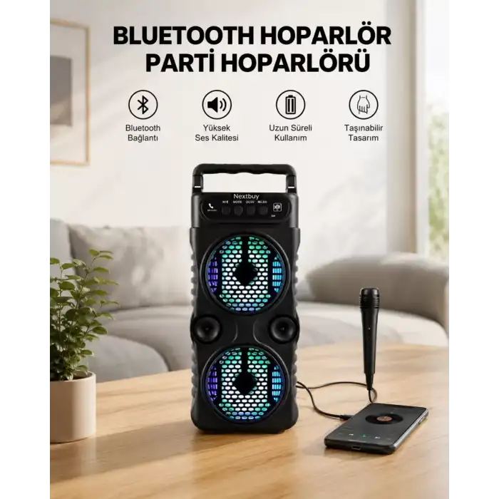 AsilTech LED Işıklı Kablosuz Bluetooth Hoparlör Yüksek Ses Güçlü Bas Performansı Taşınabilir Şarjlı