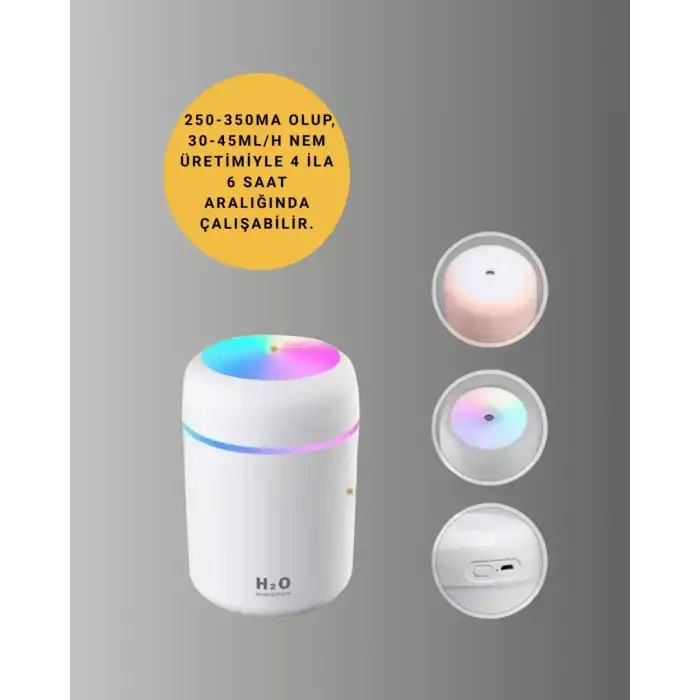 AsilTech LED Işıklı Sessiz Masaüstü Nemlendirici – 3 Buhar Modu