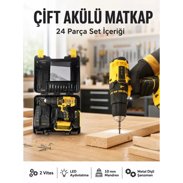 AsilTech Matkap Seti 24 Parça Çift Bataryalı Darbeli Led Işıklı Vidalama Yeni Nesil