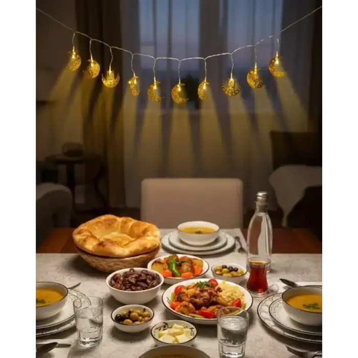 AsilTech Minareli Hilal LED Işık Gold Metal Gövdeli Pilli Ramazan Dekoru